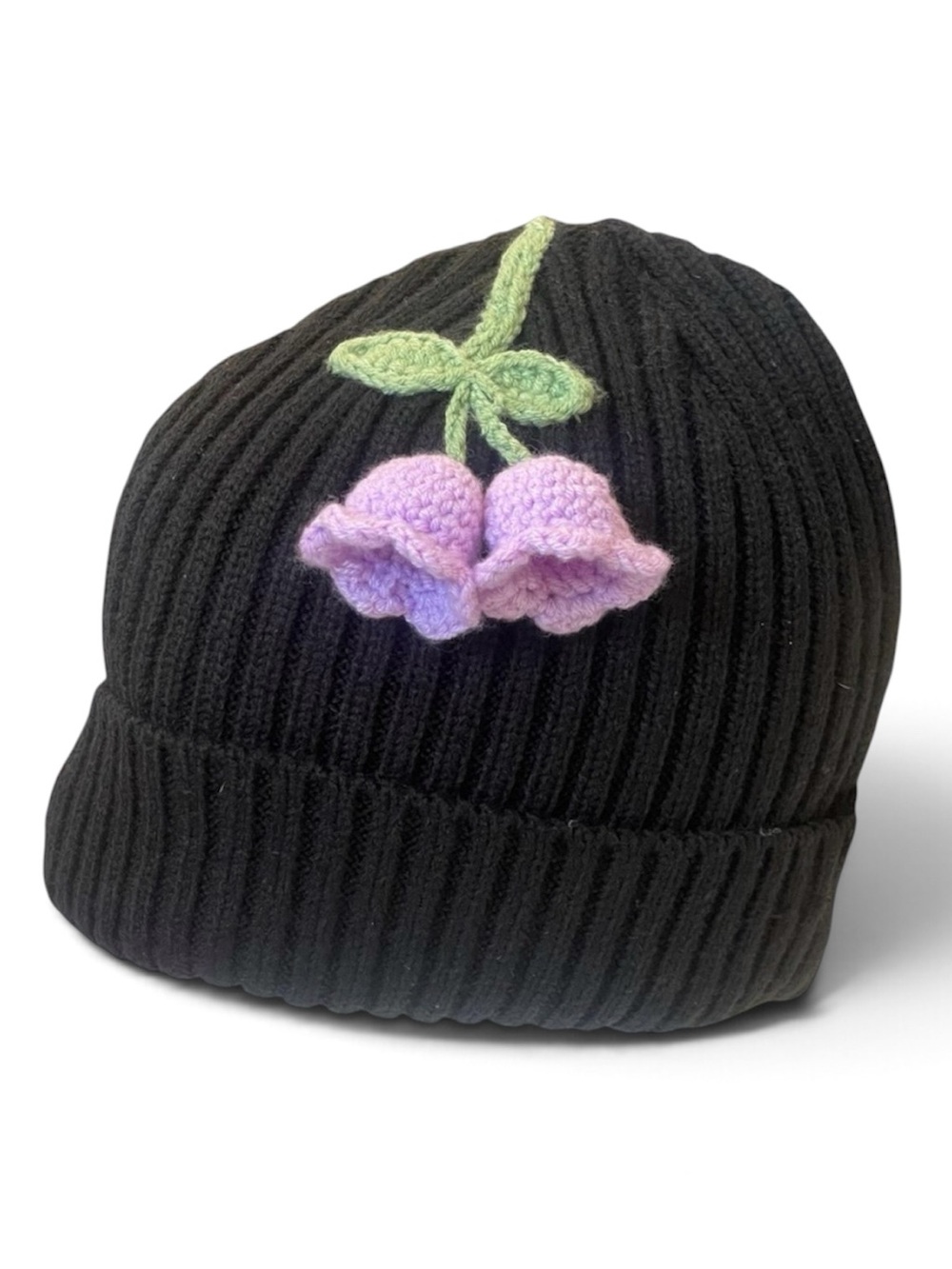 Black Knit Beanie with Lavender Flowers